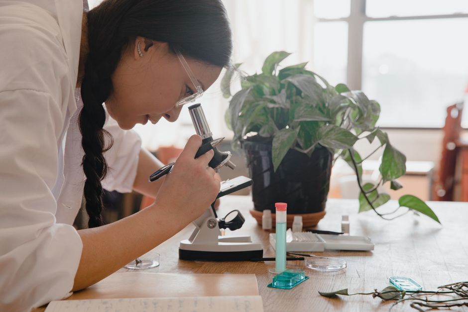 East Asian female scientist observing samples under a microscope in a laboratory.
